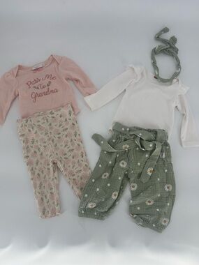 Baby Girls Floral Pink & Green Outfit Set 6-9 Month Infant Matching Spring Lot